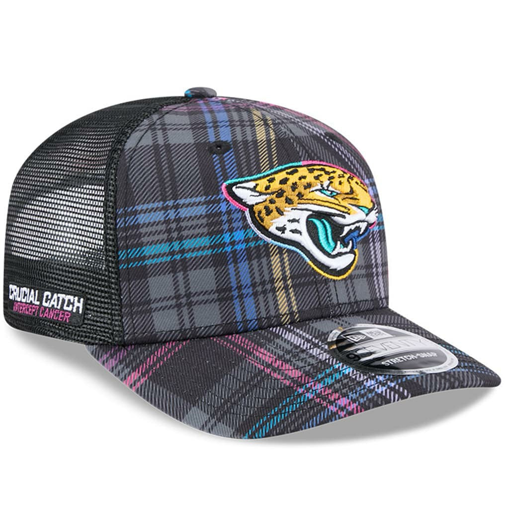 Jacksonville Jaguars New Era 2024 NFL Crucial Catch Plaid 9SEVENTY Trucker Snapback Hat