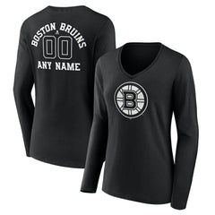 Boston Bruins Women's Personalized Name & Number Monochrome Long Sleeve V-Neck T-Shirt Outlet