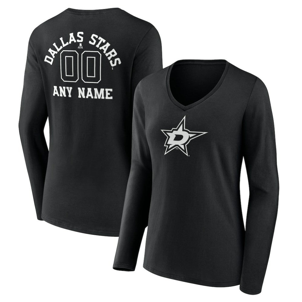 Dallas Stars Women's Personalized Name & Number Monochrome Long Sleeve V-Neck T-Shirt On Sale