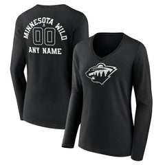 Minnesota Wild Women's Personalized Name & Number Monochrome Long Sleeve V-Neck T-Shirt On Sale