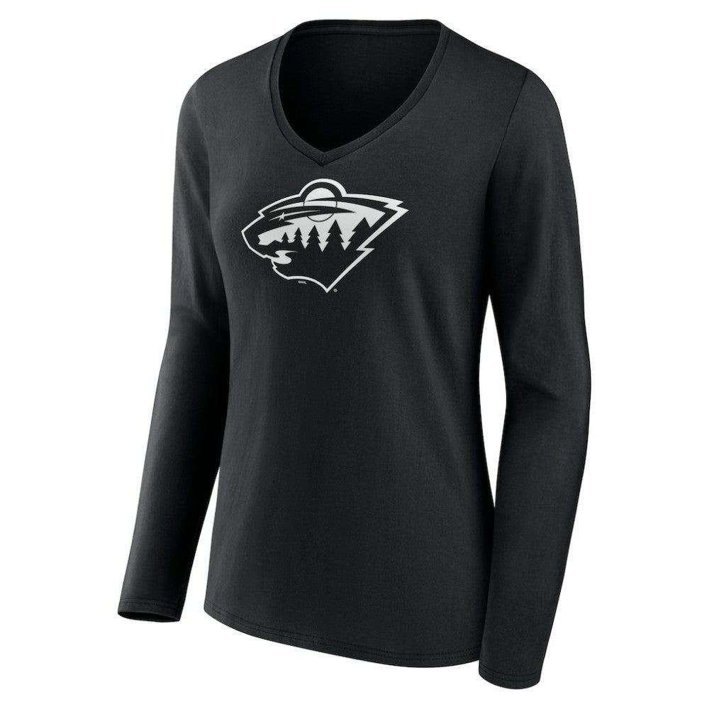 Minnesota Wild Women's Personalized Name & Number Monochrome Long Sleeve V-Neck T-Shirt On Sale