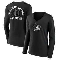 San Jose Sharks Women's Personalized Name & Number Monochrome Long Sleeve V-Neck T-Shirt Outlet