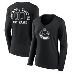 Vancouver Canucks Women's Personalized Name & Number Monochrome Long Sleeve V-Neck T-Shirt Sale