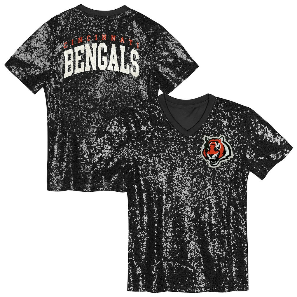 Cincinnati Bengals  Girls Youth Wordmark Sequin V-Neck Top