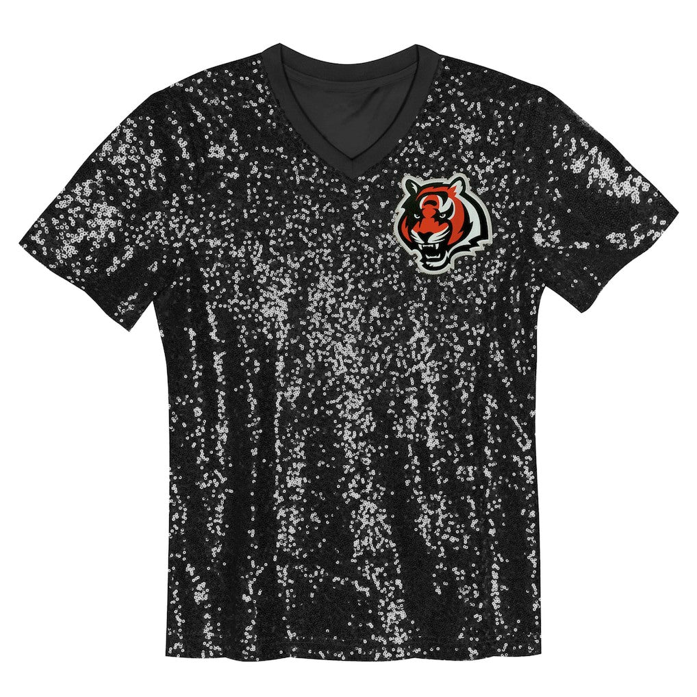 Cincinnati Bengals  Girls Youth Wordmark Sequin V-Neck Top