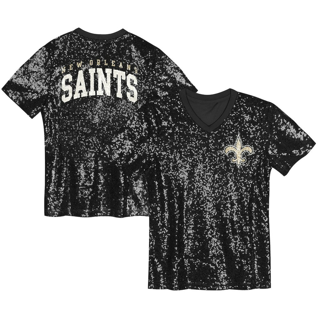 New Orleans Saints  Girls Youth Wordmark Sequin V-Neck Top