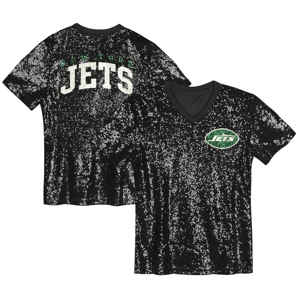 New York Jets  Girls Youth Wordmark Sequin V-Neck Top