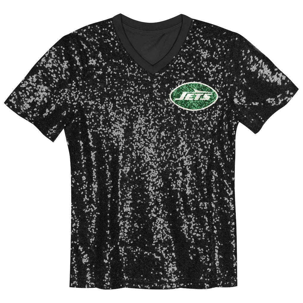 New York Jets  Girls Youth Wordmark Sequin V-Neck Top