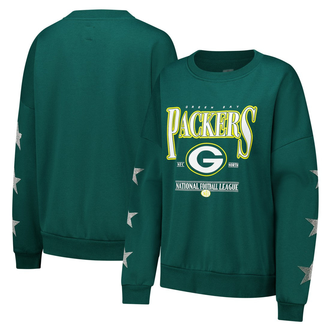 Green Bay Packers  Gameday Couture Women's Rhinestone Star Sleeve Settle the Score Oversized Pullover Sweatshirt