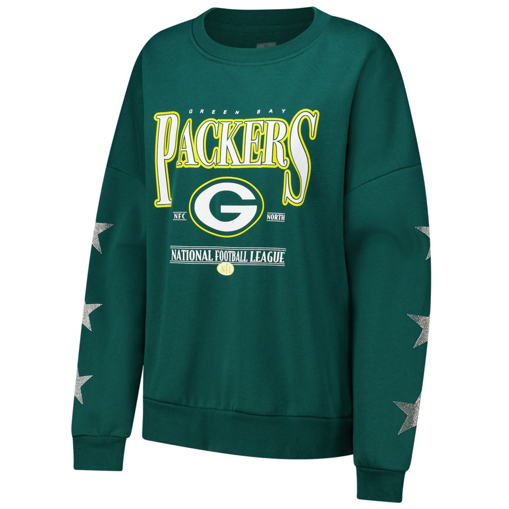 Green Bay Packers  Gameday Couture Women's Rhinestone Star Sleeve Settle the Score Oversized Pullover Sweatshirt