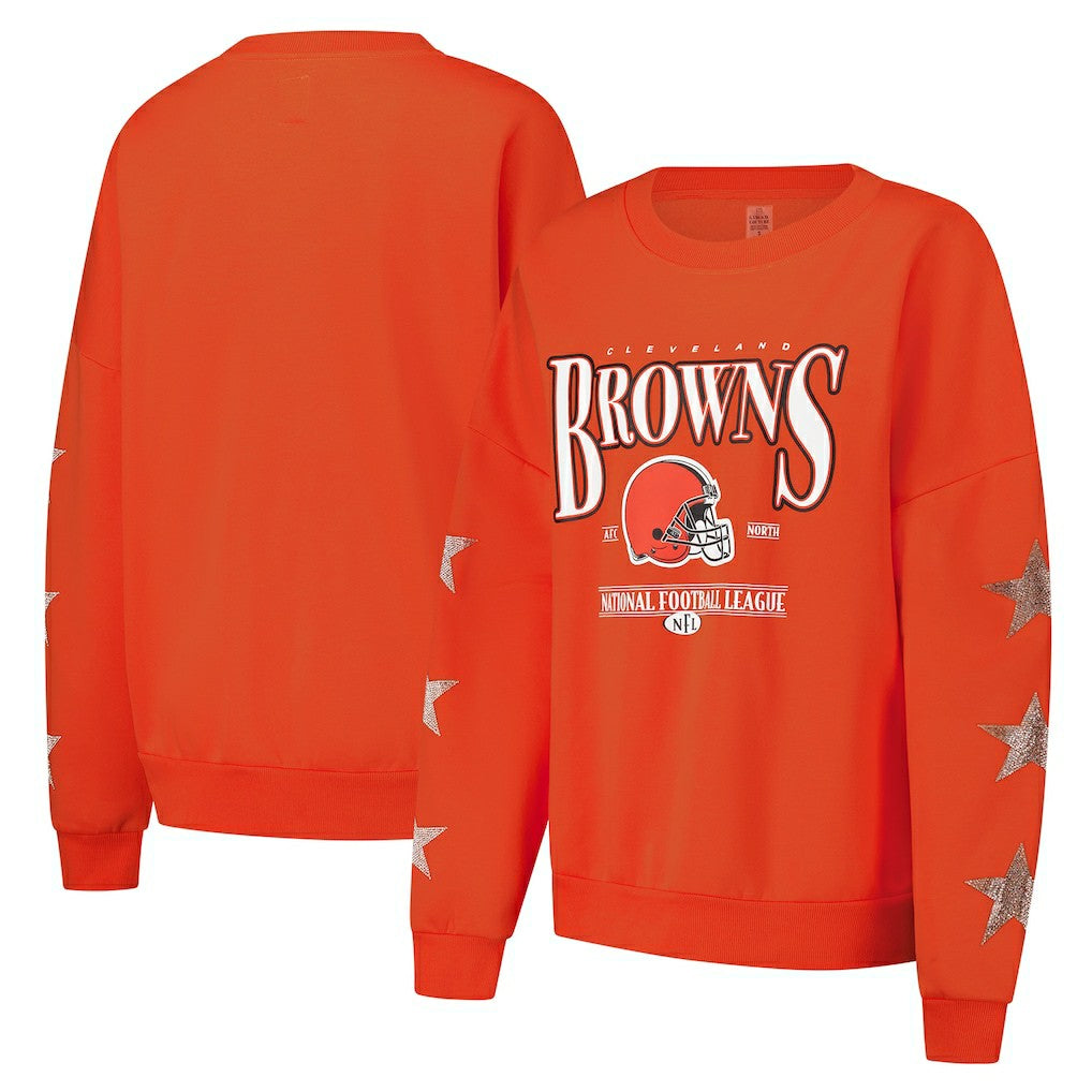 Cleveland Browns  Gameday Couture Women's Rhinestone Star Sleeve Settle the Score Oversized Pullover Sweatshirt
