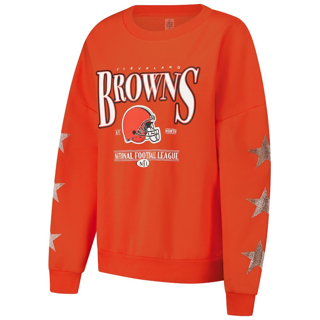Cleveland Browns  Gameday Couture Women's Rhinestone Star Sleeve Settle the Score Oversized Pullover Sweatshirt