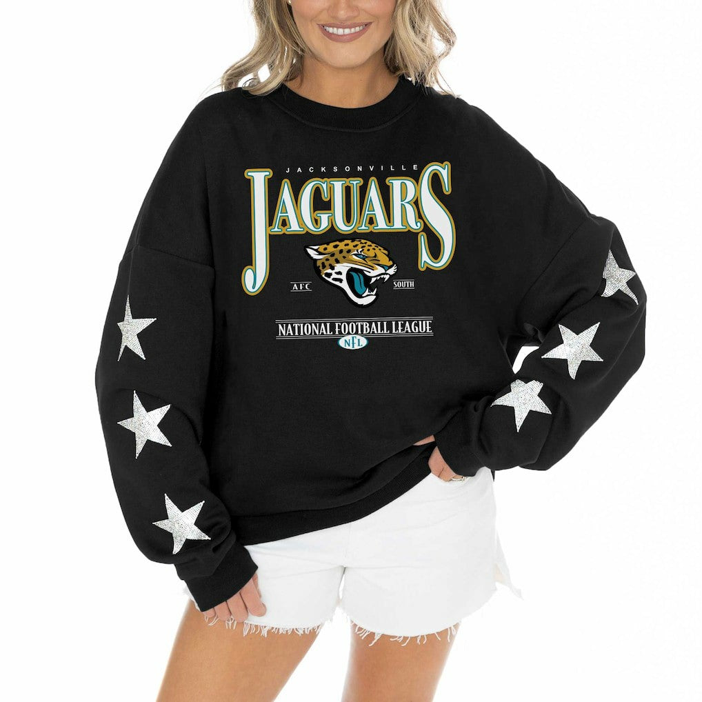 Jacksonville Jaguars  Gameday Couture Women's Rhinestone Star Sleeve Settle the Score Oversized Pullover Sweatshirt
