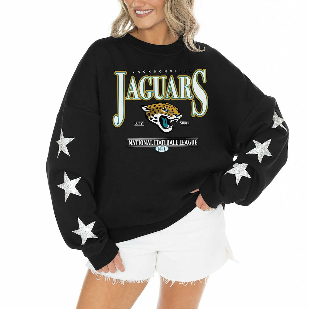 Jacksonville Jaguars  Gameday Couture Women's Rhinestone Star Sleeve Settle the Score Oversized Pullover Sweatshirt