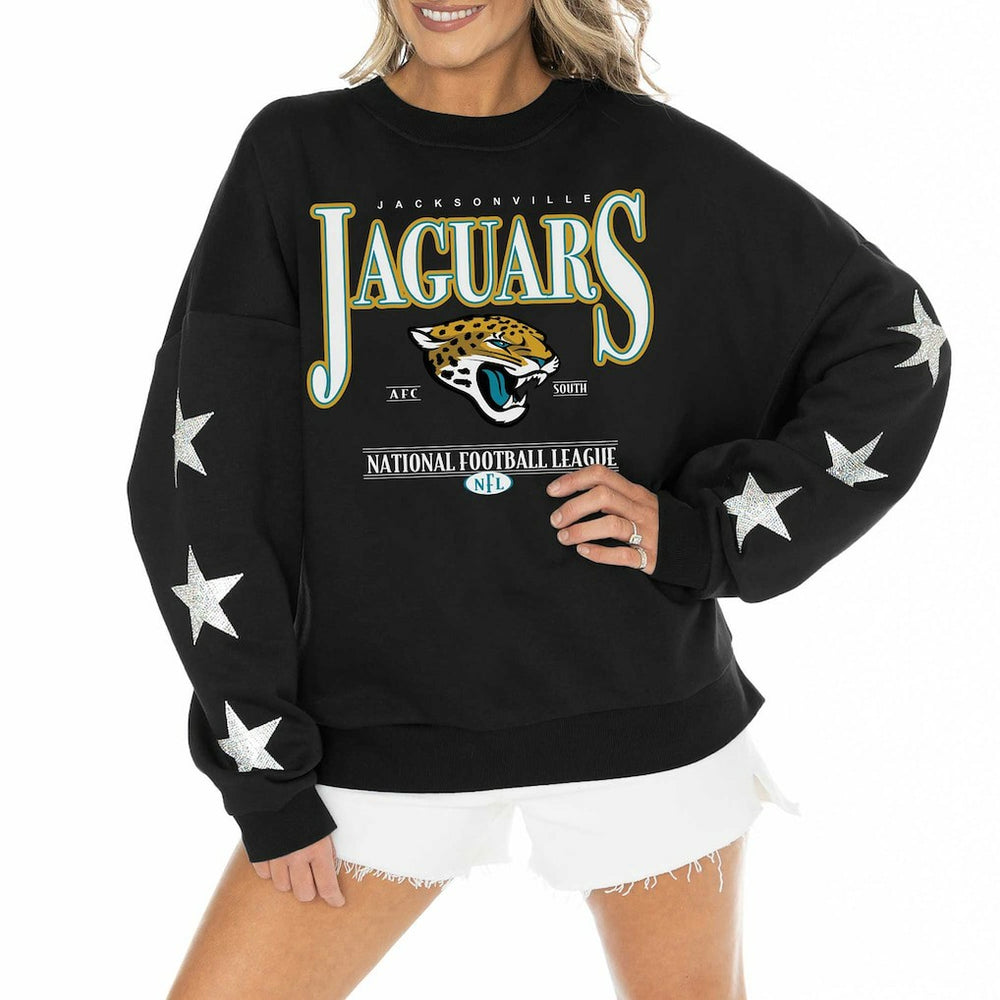 Jacksonville Jaguars  Gameday Couture Women's Rhinestone Star Sleeve Settle the Score Oversized Pullover Sweatshirt
