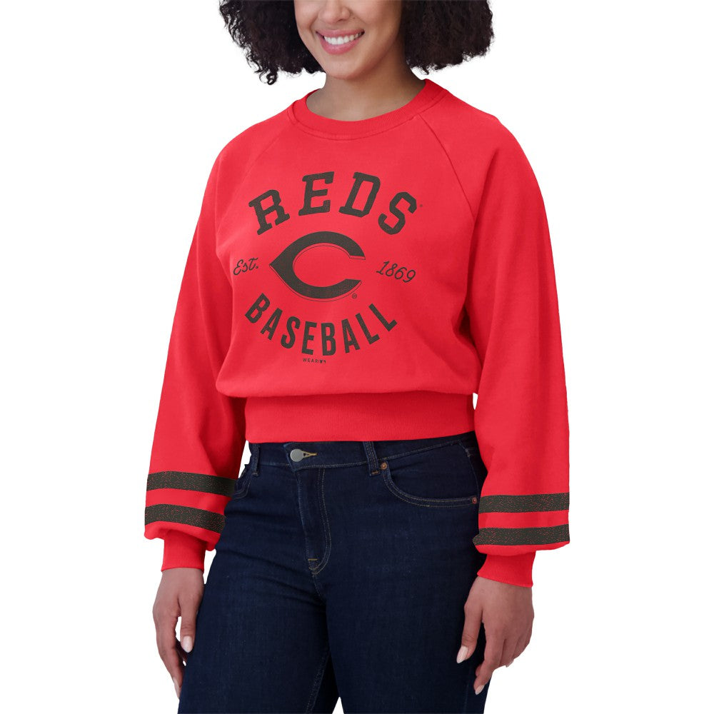 Cincinnati Reds WEAR by Erin Andrews Women's Vintage Washed Cropped Pullover Sweatshirt | MLB Sale