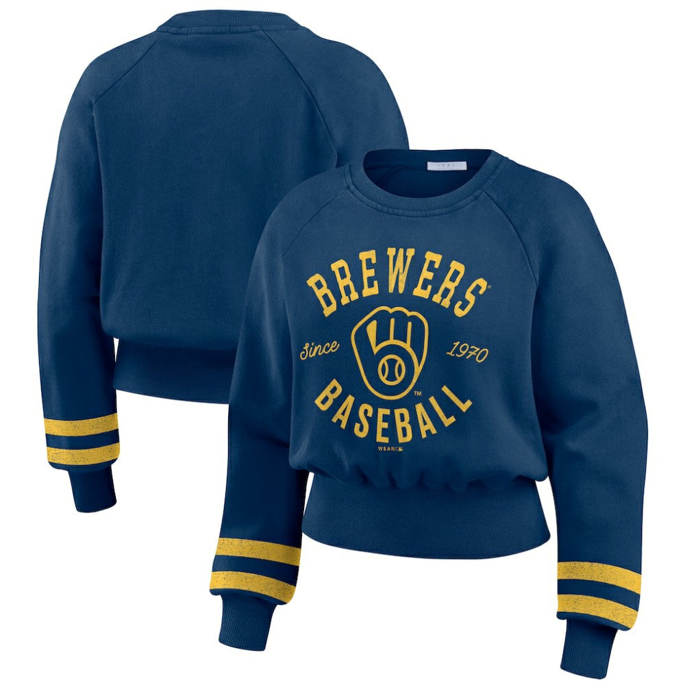 Milwaukee Brewers WEAR by Erin Andrews Women's Vintage Washed Cropped Pullover Sweatshirt | MLB For sale