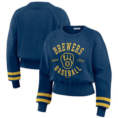 Milwaukee Brewers WEAR by Erin Andrews Women's Vintage Washed Cropped Pullover Sweatshirt | MLB For sale