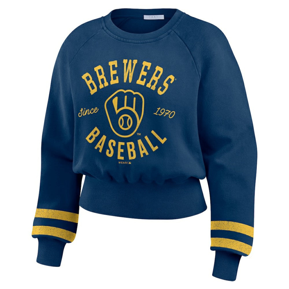 Milwaukee Brewers WEAR by Erin Andrews Women's Vintage Washed Cropped Pullover Sweatshirt | MLB For sale
