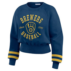 Milwaukee Brewers WEAR by Erin Andrews Women's Vintage Washed Cropped Pullover Sweatshirt | MLB For sale