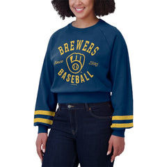 Milwaukee Brewers WEAR by Erin Andrews Women's Vintage Washed Cropped Pullover Sweatshirt | MLB For sale