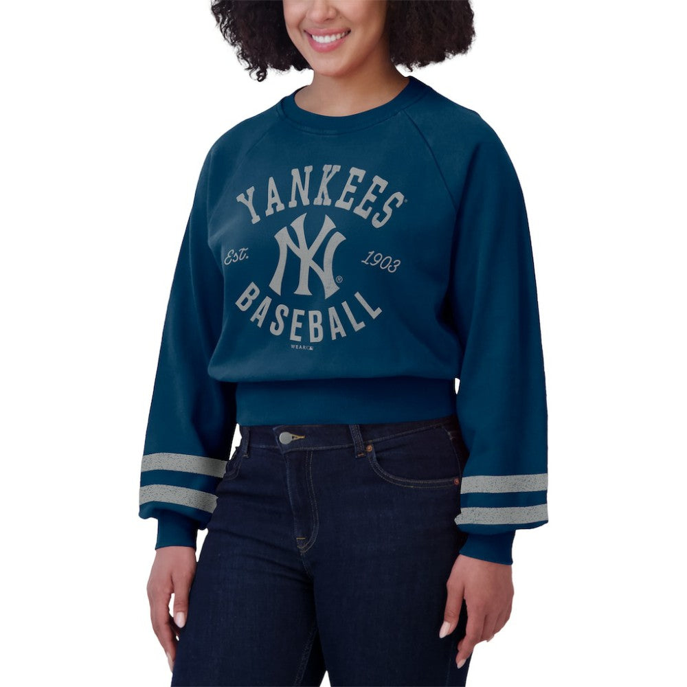 New York Yankees WEAR by Erin Andrews Women's Vintage Washed Cropped Pullover Sweatshirt | MLB For sale