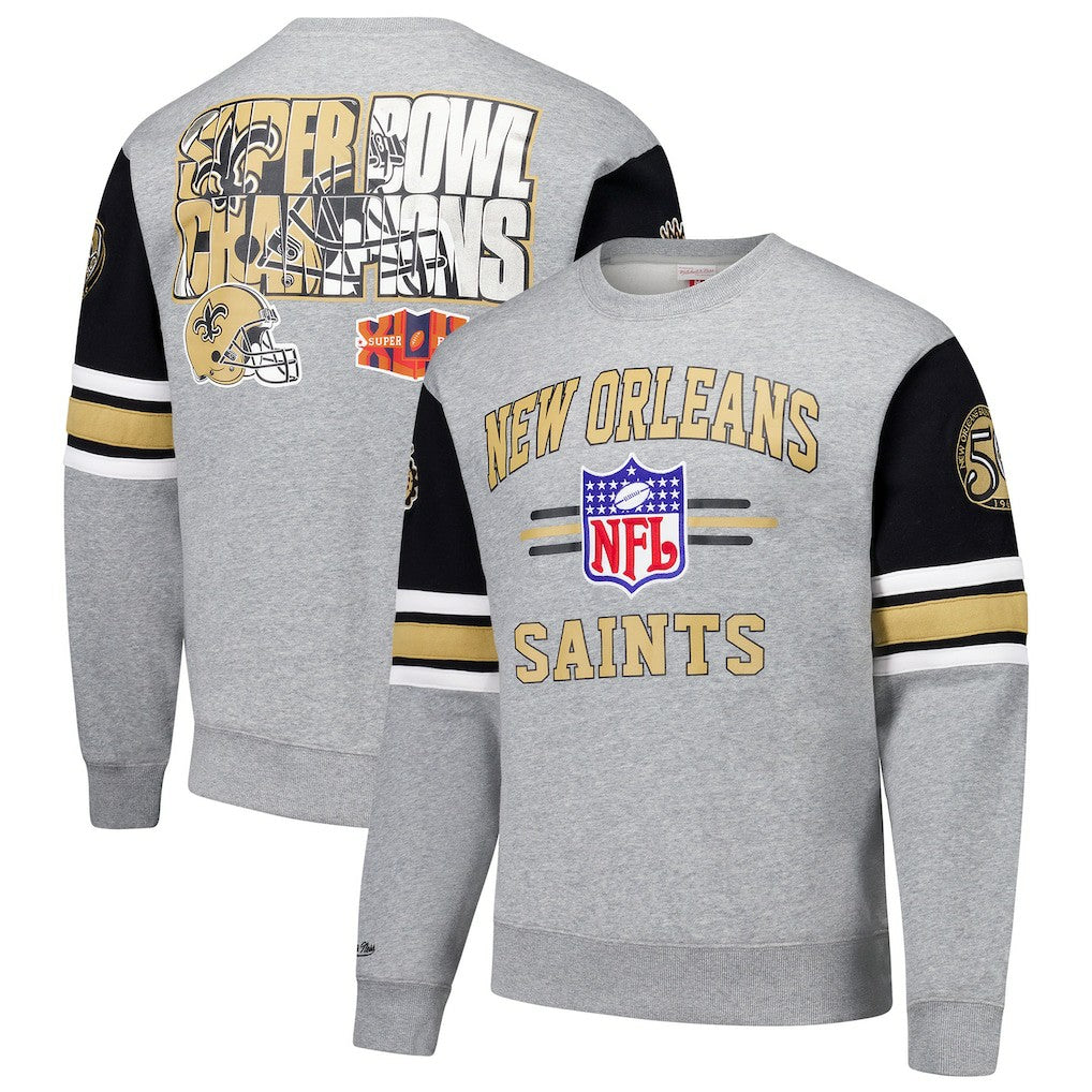 New Orleans Saints Mitchell & Ness All Over 4.0 Vintage Logo Pullover Sweatshirt