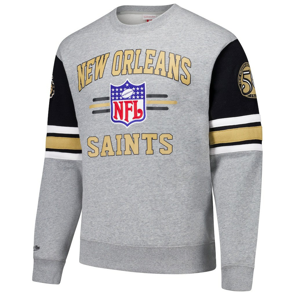 New Orleans Saints Mitchell & Ness All Over 4.0 Vintage Logo Pullover Sweatshirt