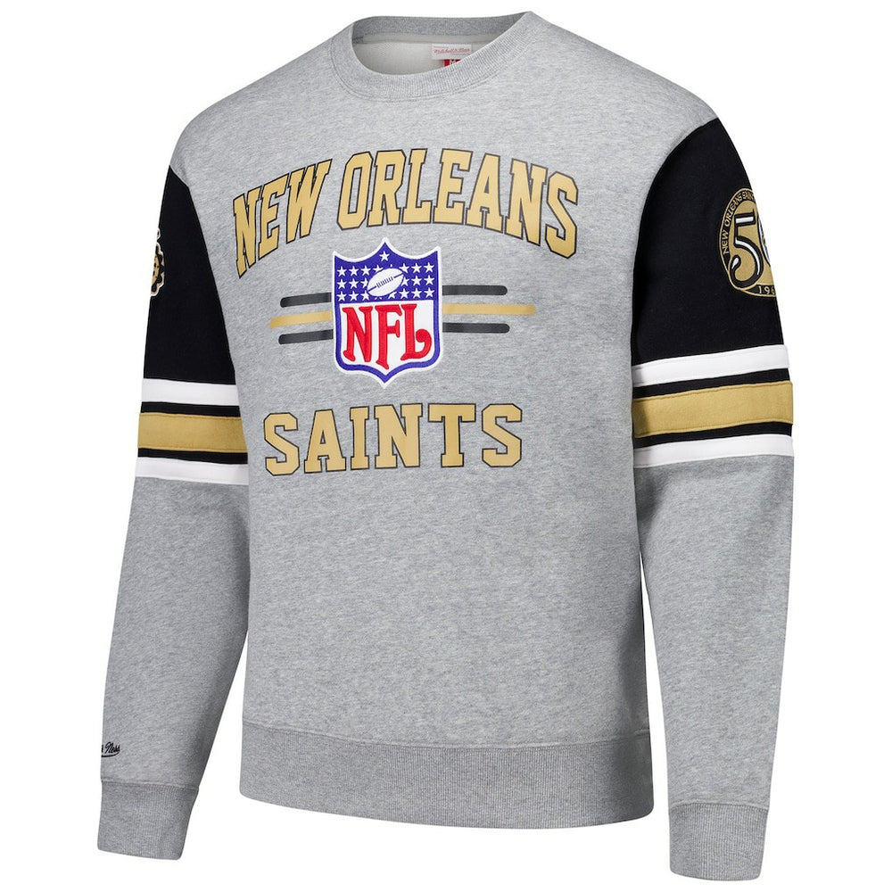 New Orleans Saints Mitchell & Ness All Over 4.0 Vintage Logo Pullover Sweatshirt
