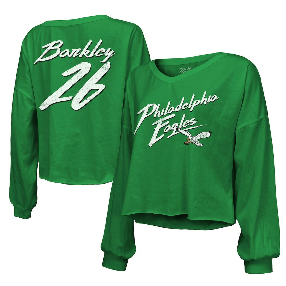 Philadelphia Eagles  Saquon Barkley  Majestic Threads Women's Name & Number Off-Shoulder Script Cropped Long Sleeve Relaxed V-Neck T-Shirt
