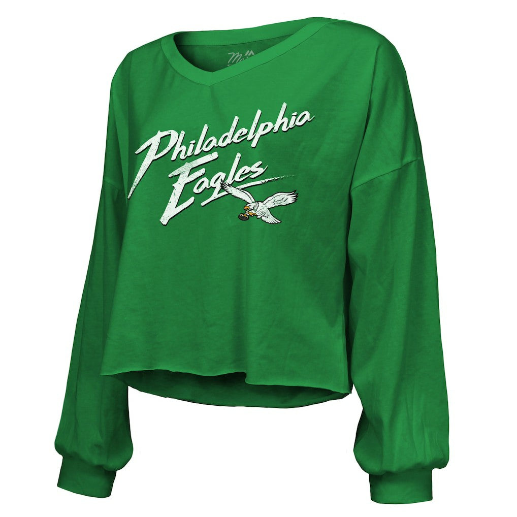 Philadelphia Eagles  Saquon Barkley  Majestic Threads Women's Name & Number Off-Shoulder Script Cropped Long Sleeve Relaxed V-Neck T-Shirt