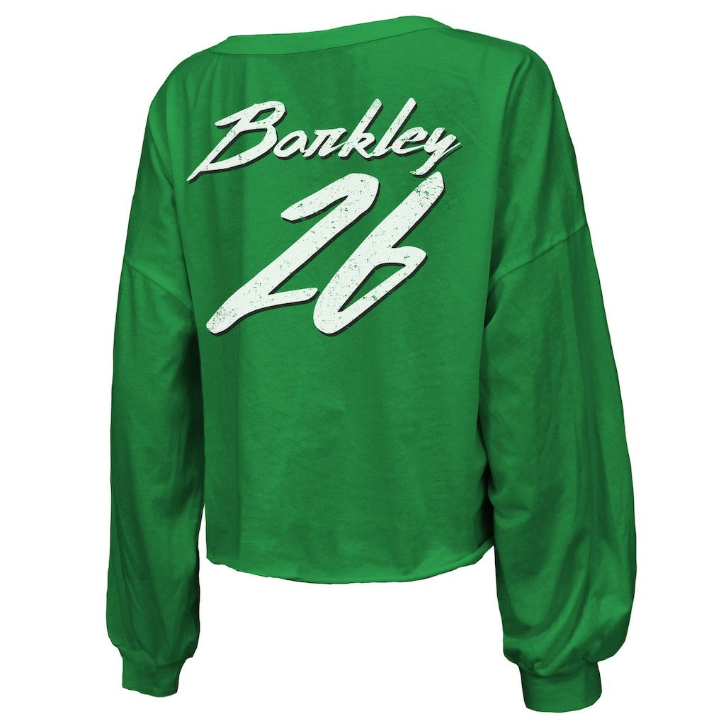 Philadelphia Eagles  Saquon Barkley  Majestic Threads Women's Name & Number Off-Shoulder Script Cropped Long Sleeve Relaxed V-Neck T-Shirt