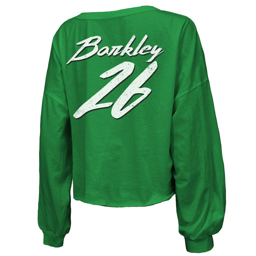 Philadelphia Eagles  Saquon Barkley  Majestic Threads Women's Name & Number Off-Shoulder Script Cropped Long Sleeve Relaxed V-Neck T-Shirt