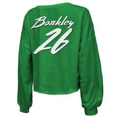 Philadelphia Eagles  Saquon Barkley  Majestic Threads Women's Name & Number Off-Shoulder Script Cropped Long Sleeve Relaxed V-Neck T-Shirt