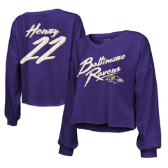 Baltimore Ravens  Derrick Henry  Majestic Threads Women's Name & Number Off-Shoulder Script Cropped Long Sleeve Relaxed V-Neck T-Shirt