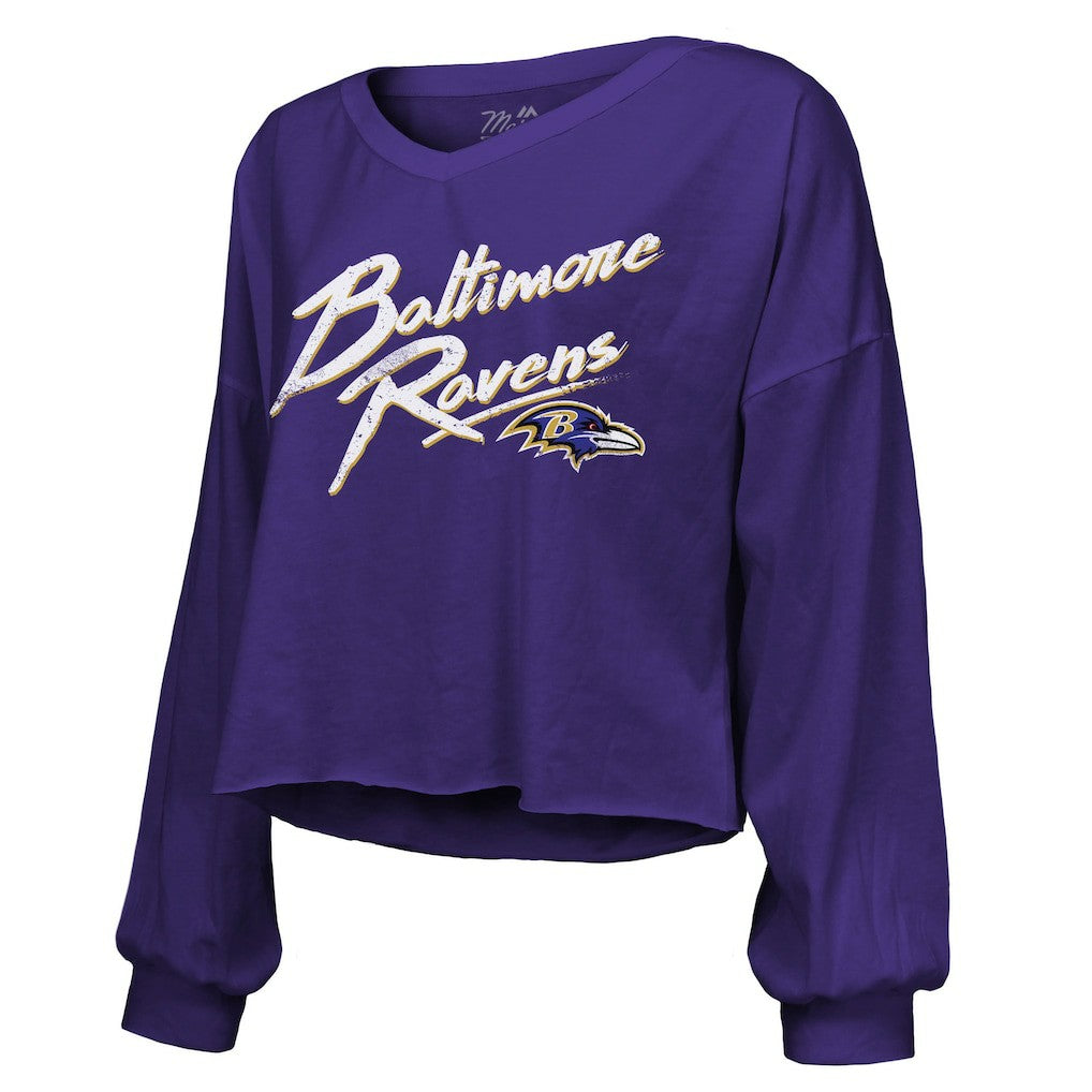 Baltimore Ravens  Derrick Henry  Majestic Threads Women's Name & Number Off-Shoulder Script Cropped Long Sleeve Relaxed V-Neck T-Shirt