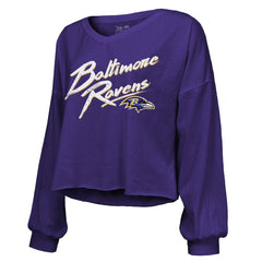 Baltimore Ravens  Derrick Henry  Majestic Threads Women's Name & Number Off-Shoulder Script Cropped Long Sleeve Relaxed V-Neck T-Shirt