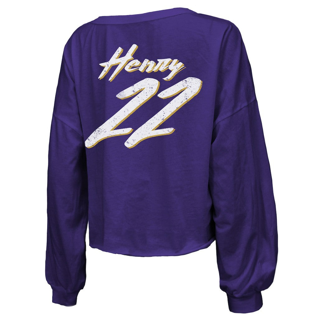 Baltimore Ravens  Derrick Henry  Majestic Threads Women's Name & Number Off-Shoulder Script Cropped Long Sleeve Relaxed V-Neck T-Shirt