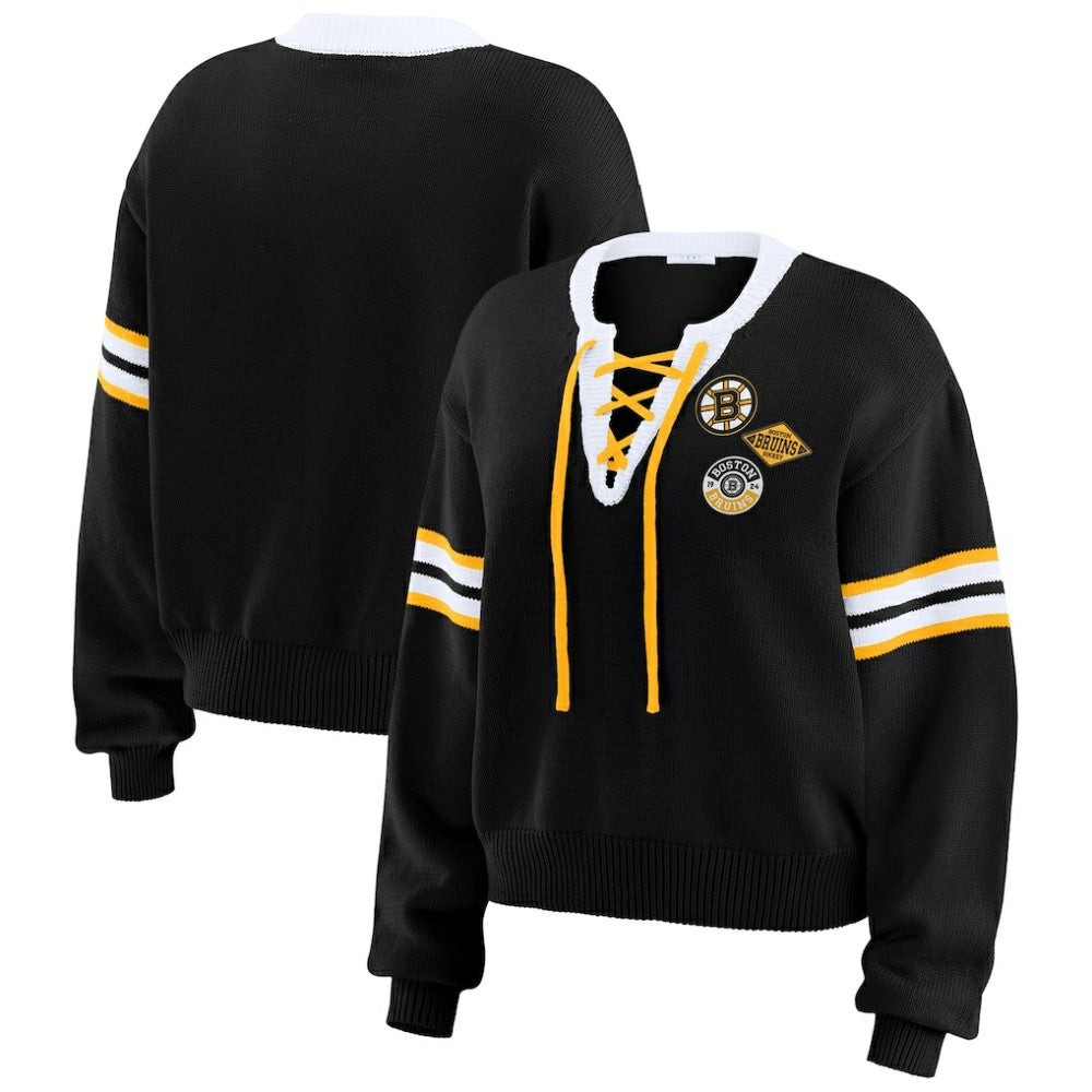 Boston Bruins WEAR by Erin Andrews Women's Cropped Lace-Up Sweater Outlet