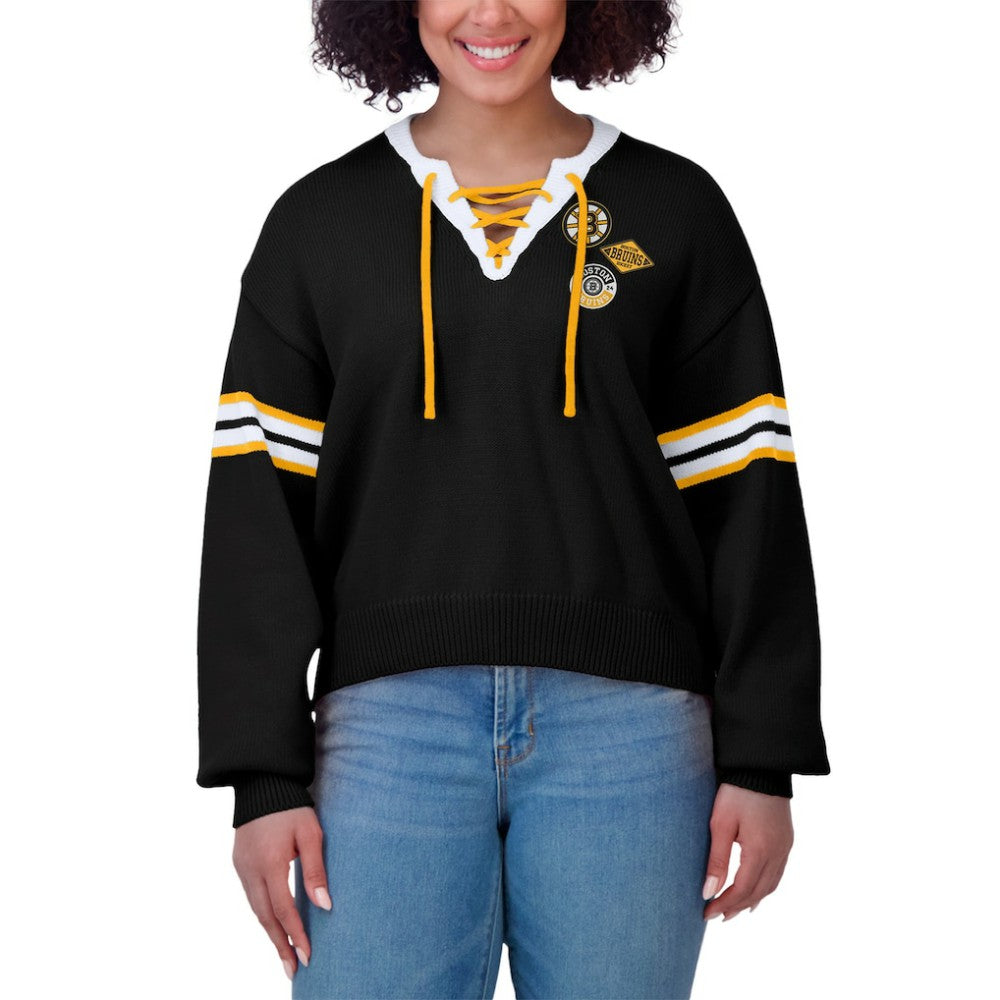 Boston Bruins WEAR by Erin Andrews Women's Cropped Lace-Up Sweater Outlet
