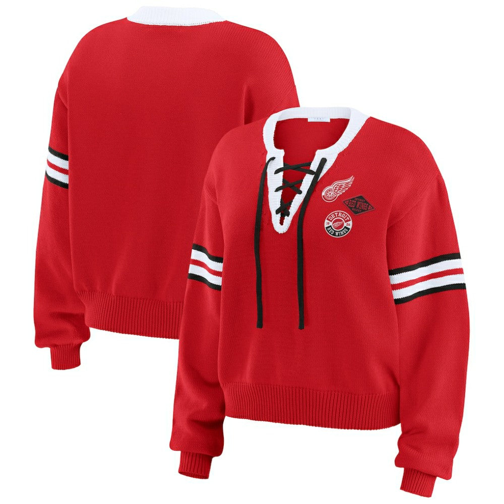 Detroit Red Wings WEAR by Erin Andrews Women's Cropped Lace-Up Sweater For Sale