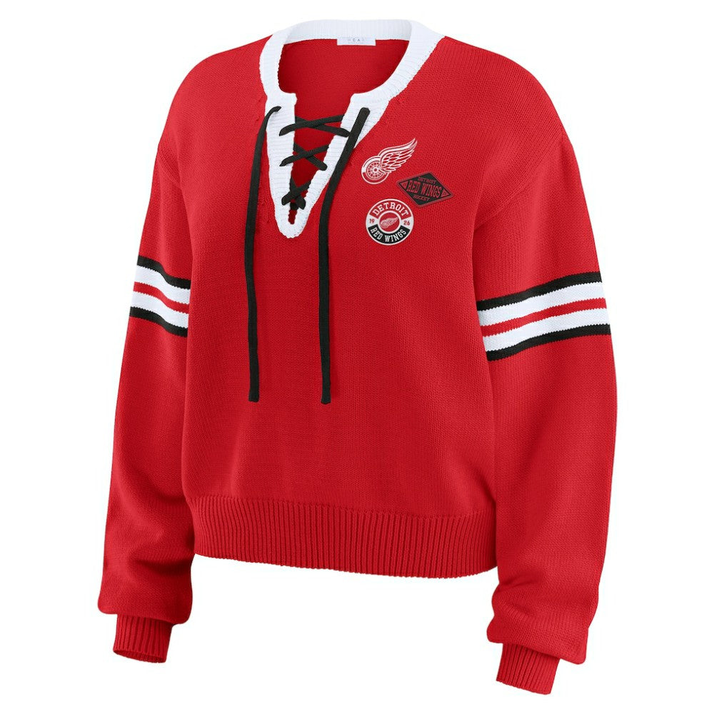 Detroit Red Wings WEAR by Erin Andrews Women's Cropped Lace-Up Sweater For Sale
