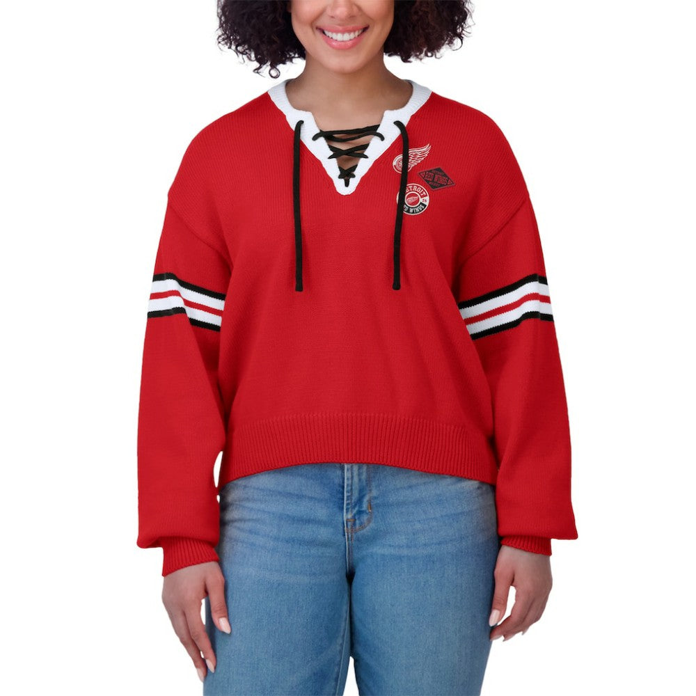Detroit Red Wings WEAR by Erin Andrews Women's Cropped Lace-Up Sweater For Sale