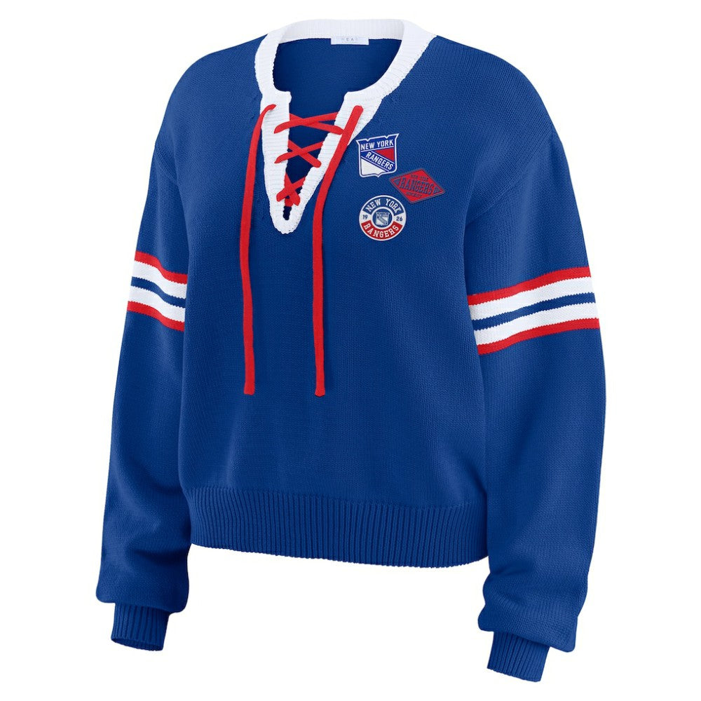 New York Rangers WEAR by Erin Andrews Women's Cropped Lace-Up Sweater On Sale