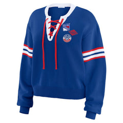 New York Rangers WEAR by Erin Andrews Women's Cropped Lace-Up Sweater On Sale