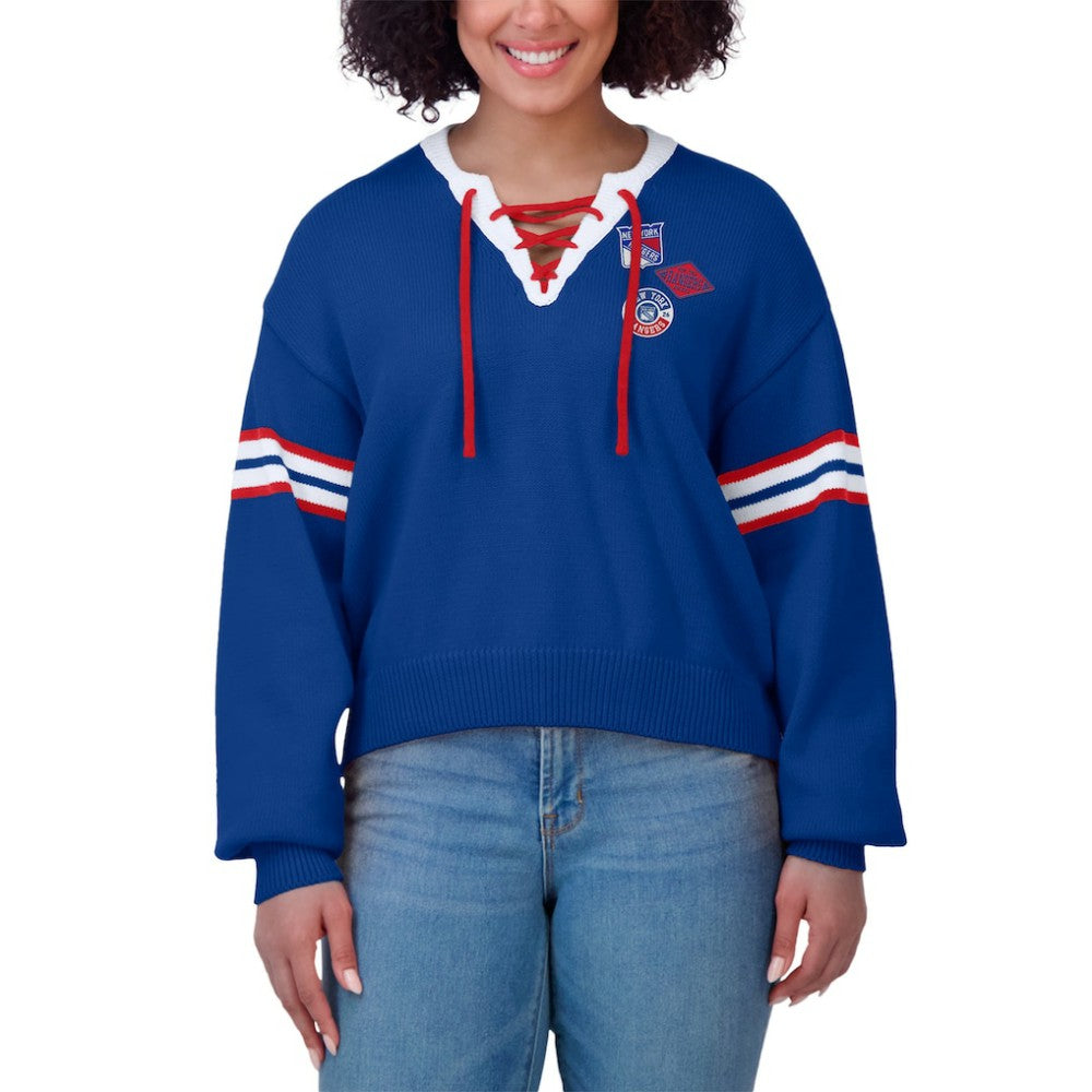 New York Rangers WEAR by Erin Andrews Women's Cropped Lace-Up Sweater On Sale