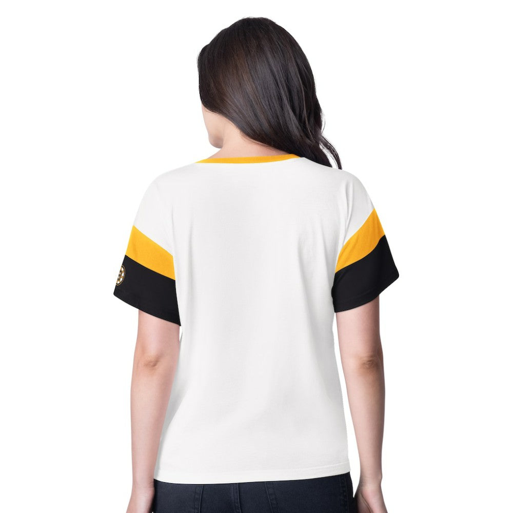 Boston Bruins G-III 4Her by Carl Banks Women's Rink Oversized Rhinestone V-Neck T-Shirt Sale