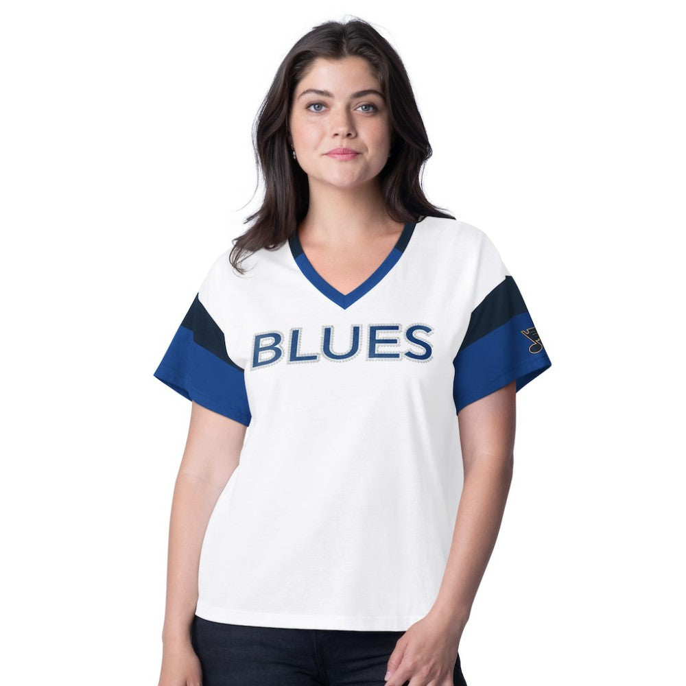 St. Louis Blues G-III 4Her by Carl Banks Women's Rink Oversized Rhinestone V-Neck T-Shirt Outlet