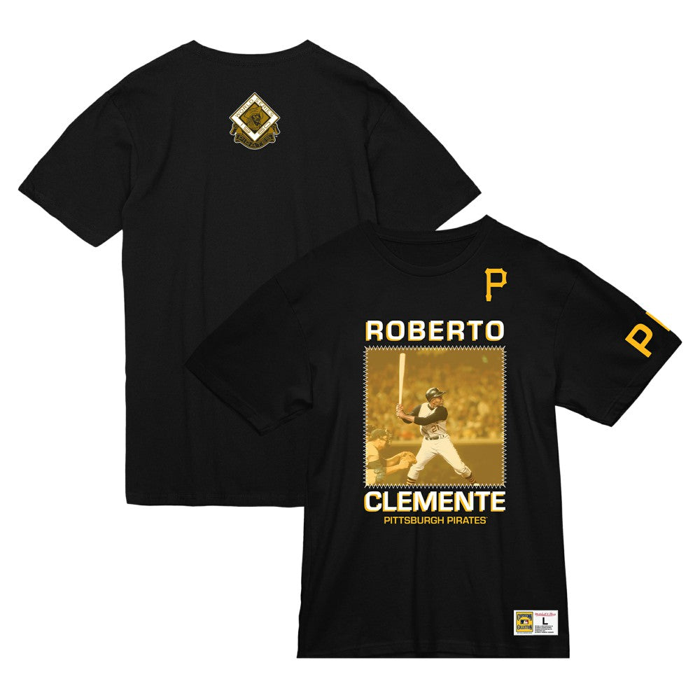 Roberto Clemente Pittsburgh Pirates Mitchell & Ness Cooperstown Collection Heavyweight Premium Player Vintage Logo T-Shirt | MLB For sale