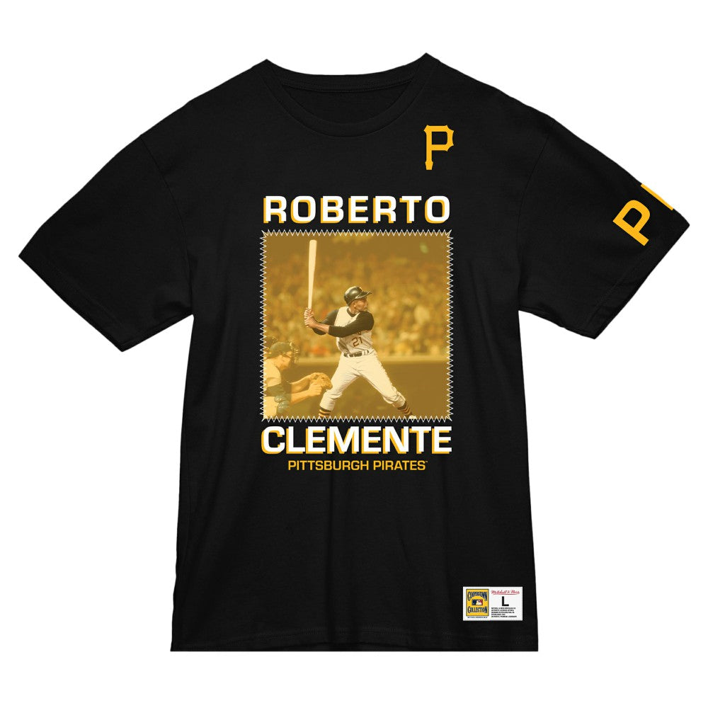 Roberto Clemente Pittsburgh Pirates Mitchell & Ness Cooperstown Collection Heavyweight Premium Player Vintage Logo T-Shirt | MLB For sale